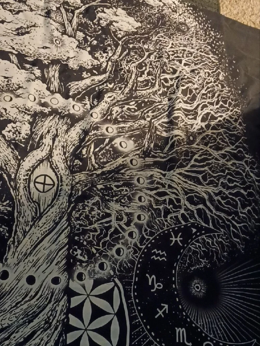 Black & White Tree of Life Shower Curtain with Zodiac Motifs
